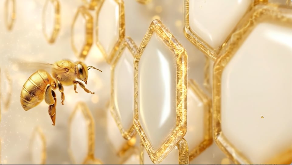 A golden bee beside luminous honeycomb cells for APIVITA Queen Bee