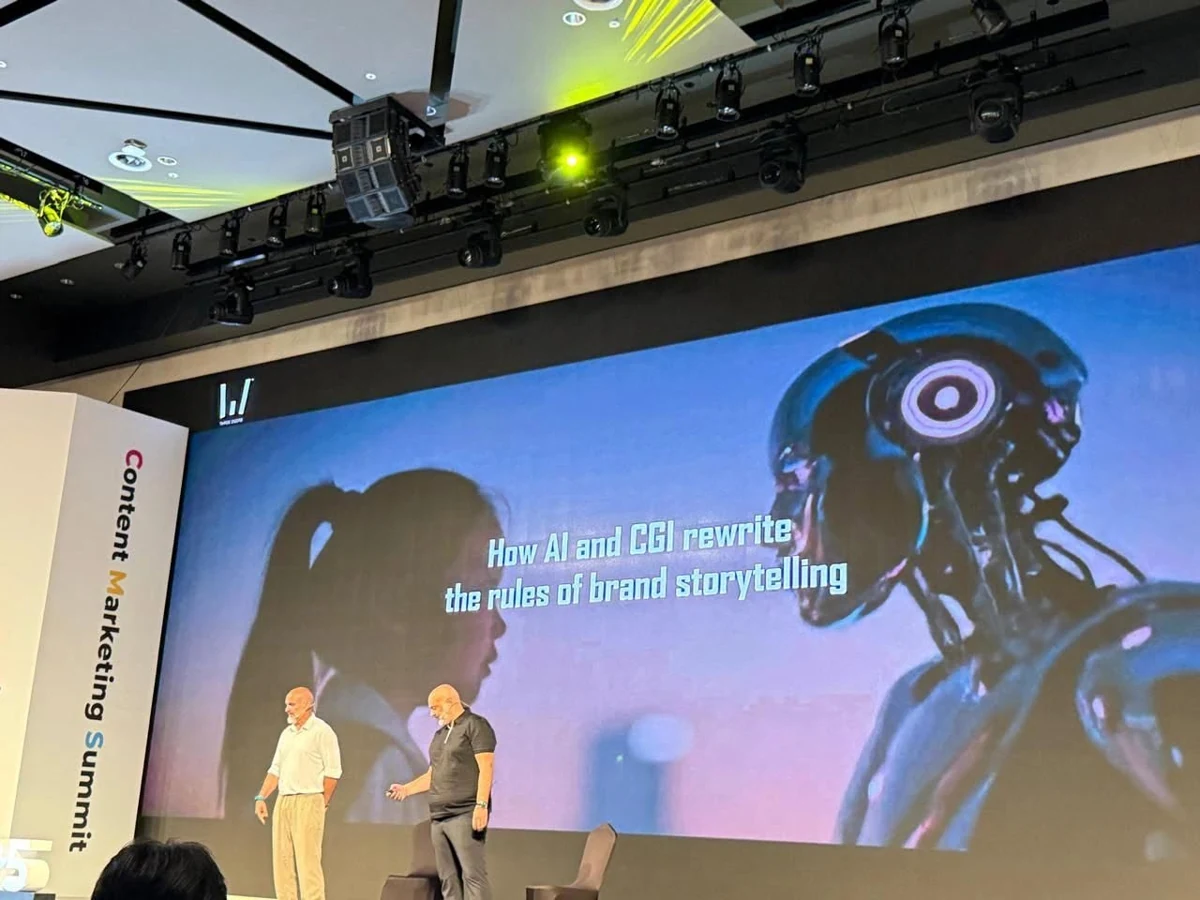 Two speakers presenting visual storytelling at CMS 2025 in Seoul