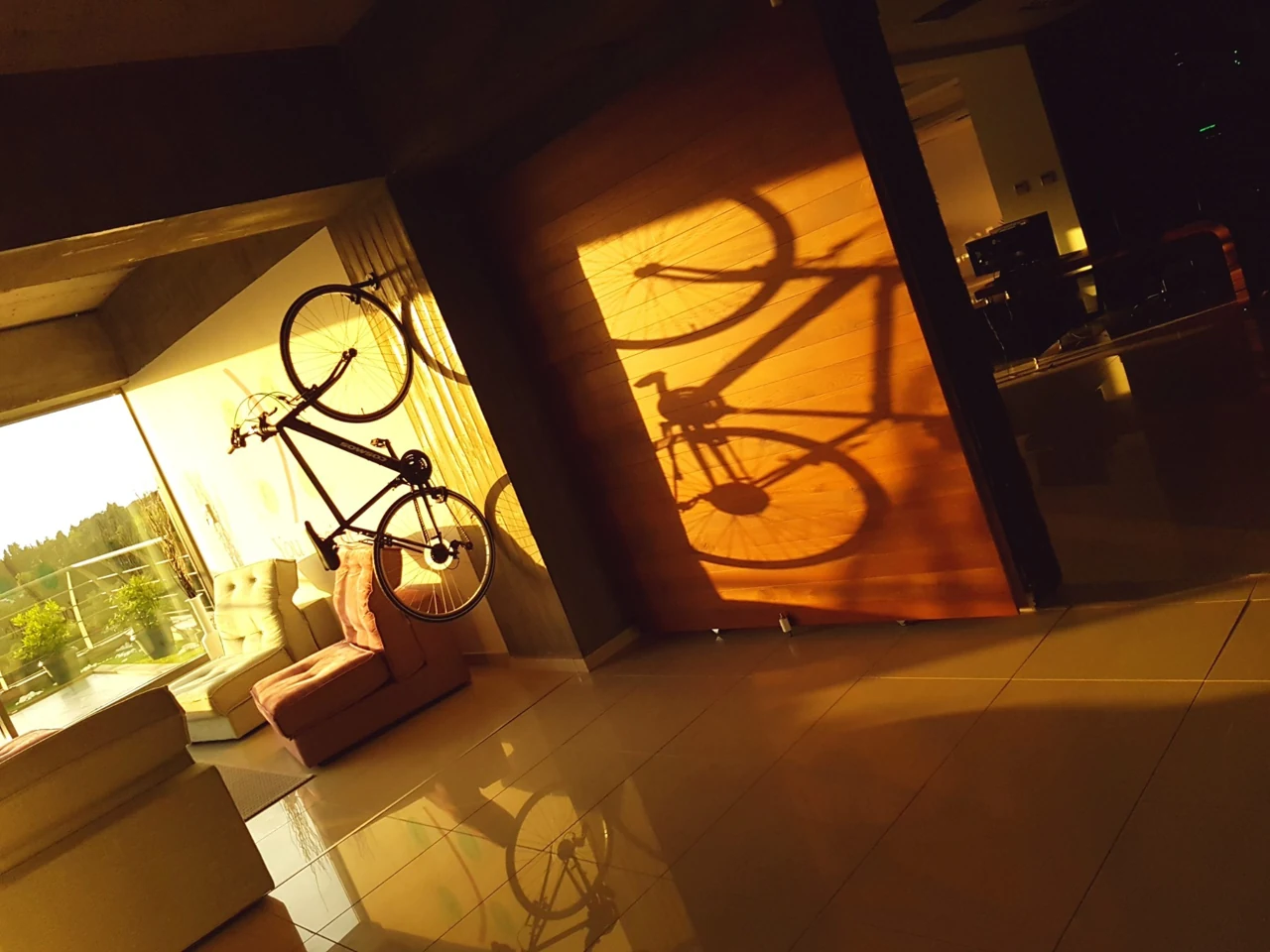 Warm evening sunlight and a bicycle shadow across the studio wall